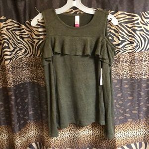 Dark green ruffle cold shoulder top